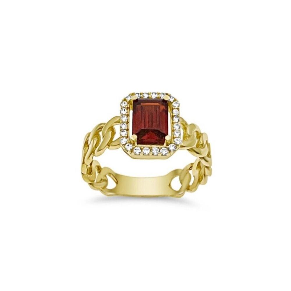 14K Yellow Gold Red CZ Emerald Cut Halo Cuban Link Ring